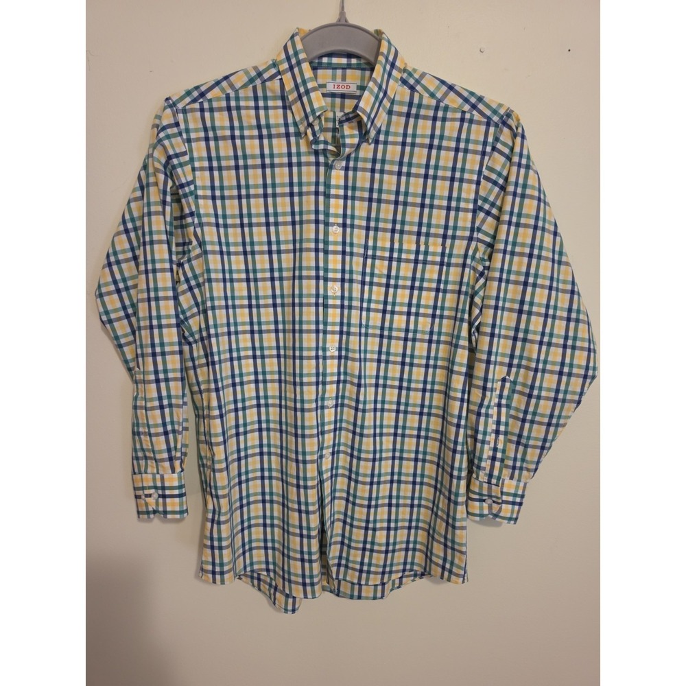Izod Men's Button-Up Up Yelleow Green Plaid Classic Fit/Stretch Size 15-15 1/2 M